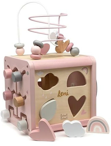 Mainely Personalizzabile cubo attività in Legno FSC Rosa – incastri & motricità fine Stile Montessori – per Bambini 18+ Mesi – Personalizzato con Nome – Label Label