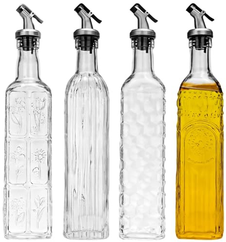 Chewtoyo Lot de 4 flacons distributeurs d'huile d'olive, 500 ml en verre avec bec verseur automatique, beaux motifs floraux, design anti-fuite, utilisation pratique à une main, essentiel pour la