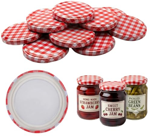 12 Pcs Jam Jar Lids 63mm, Red Checkered Jam Jar Covers & Canning Lids, Leakproof Sealing Screw Caps for Regular Mouth Glass Jars, Gu Dessert & Yoghurt Pots, Homemade Jam & Preserving