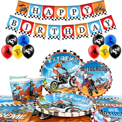 Dirt Bike Party Supplies,10 Guests Dirt Bike Birthday Decorations & Dirt Bike Party Tableware Set - Motocross Decorations Plates Tablecloth Balloons etc Motocross Birthday Supplies