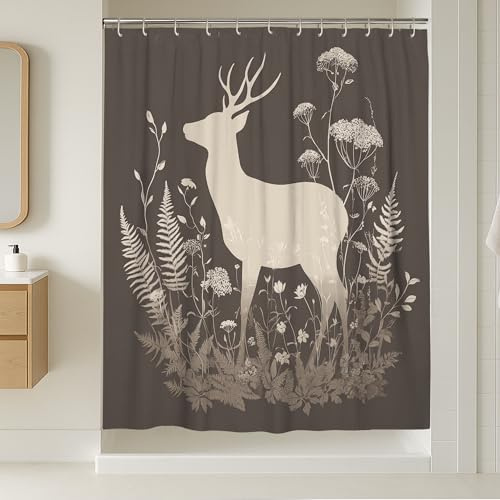 Deer Shower Curtain, Nature Rustic Fern Flower Fall Brown Washable with Hooks Clawfoot Tub Shower Curtains for Home Bathroom Toile Hotel Decor 54x78 Inch