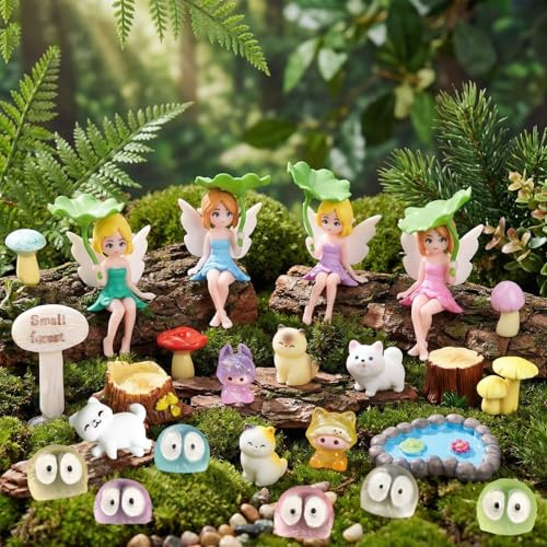 24Pcs Fairy Garden Accessories, 4 Miniature Flower Fairies Garden Ornament | Garden Resin Accessories with Kittens, Puppies, Small Mushrooms, Micro Landscape Decorations