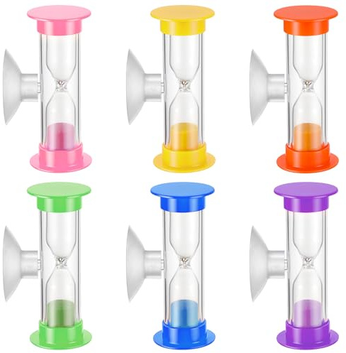 WJIAAA 6 Stück Sanduhr 3 Minuten, Buntes Sanduhren Set mit Saugnapf, Buntes Sanduhren Set für Schule, Spiel & Büro(Plastik, 71g, 6 Farben)
