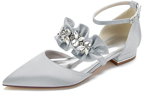 Yhsdfcn Brudskor med Volanger för Dam - Satin Ballerina Mary Jane med Strass, Spetsig Tå och Låg Blockklack,B silver,EU39