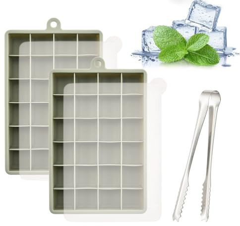 HAPZUR Set de 2 Cubiteras para Hielo de Silicona con Tapa y Pinza, Moldes Flexibles Apilables sin BPA para Cócteles, Whisky y Bebidas Frías(Verdes)