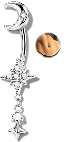 OUFER Body Piercing 14G Moon Star Dangle Belly Button Ring, 316L Stainless Steel 10mm Navel Piercing Bar Clear CZ Hypoallergenic for Women Fresh Healed Piercings