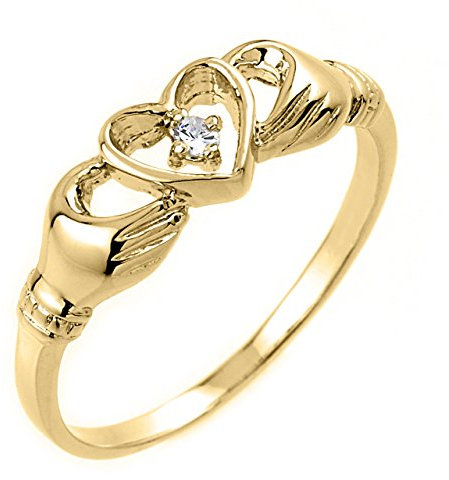 Claddagh-Ring mit offenem Herz aus 14 Karat Gelbgold mit Diamantakzent (Farbe J-K, Reinheit I1-I2), Gold, Diamant