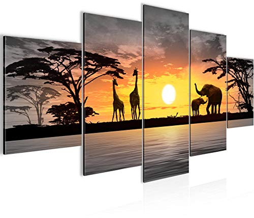 Runa Art Bild Wohnzimmer Schlafzimmer Afrika Sonnenuntergang 5 Teilig Panorama Rosa Grau Wandbilder auf Vlies Leinwand 000253c
