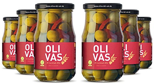 6er Set * OLIVAS Cocktail-Mix / 220 g im (Glas) * Grüne & Schwarze Oliven, Silberzwiebeln, Gewürzgurken und Paprika