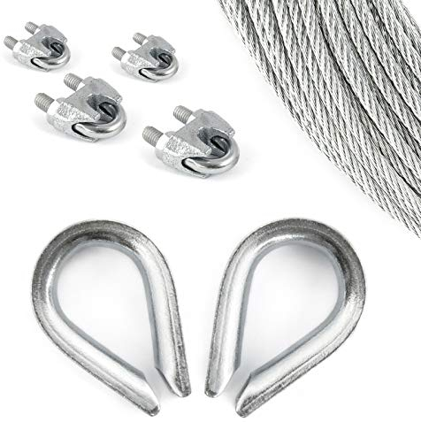 Set 10m Steel Wire Rope galvanised 3mm Strand: 6x7 + 4 Clips + 2 thimbles - Many Sizes Avaliable