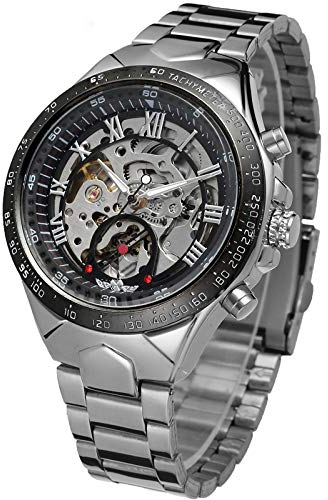 Yoodeet Skelett Uhren Automatische Selbstwind Mechanische Uhren Silber Edelstahl Herren Armbanduhr