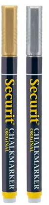 SECURIT - Set Da 2 Pennarelli A Gesso Liquido - Per Lavagne, Vetro, Metallo, Porcellana, Specchio, Plastica - Punta Fina 1-2mm - Colori Argento, Oro