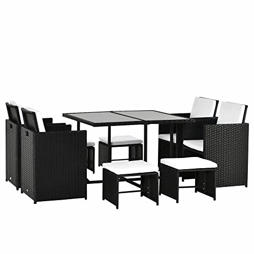 Outsunny Polyrattan Gartenmöbel Essgruppe 9 TLG. 109 x 109 x 72 cm Schwarz | Rattan Gartenset Sitzgruppe Garnitur inkl. Kissen