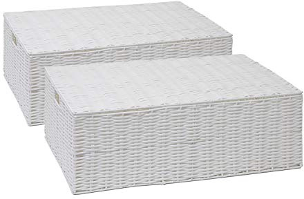 ARPAN Resin Woven Under Bed Storage Box, Chest Shelf Toy Clothes Basket With Lid - White (Set of 2 - Medium Baskets)