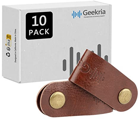Geekria Organisateur de cordon d'alimentation Enrouleur d'écouteurs Sangles de câble,Clips de câble pour casque,Support Système de gestion de cordon rustique avec simili cuir fait à la main(10 pièces)