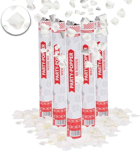 Party Factory – Konfettikanone Weiße Rosen Party Popper 5er Set – Partygadgets Konfetti Kanone 40cm mit Schnipseln für Hochzeit, Valentinstag oder Jahrestag – Bis 8m Flughöhe, für Innen & Außen