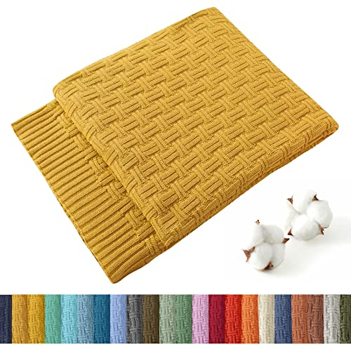 TREELY 100% Cotton Knitted Throw Blanket Couch Cover Blanket(50 x 60 Inches, Mustard Yellow)