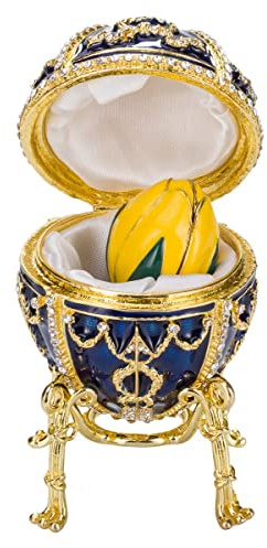 danila-souvenirs Fabergé-Stil Ei Schmuckkästchen Rosenknospe mit Blume 9,5 cm blau
