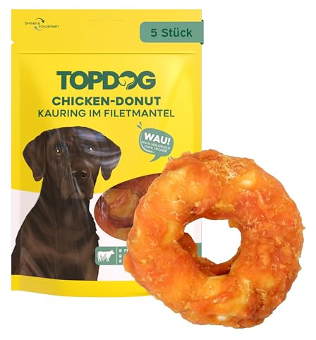 Topdog Chicken Donut für Hunde 5 Stück - langanhaltende Kausnacks - zuckerfreie Kauringe ohne Zusatzstoffe - Das Hunde Donut Leckerli sorgt für eine geschmackvolle Zahnpflege
