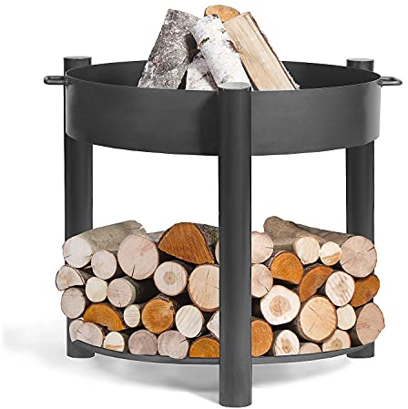 Cookking Montana - Braciere rotondo rustico, per giardino e terrazzo, con vano in legno XXL, 80 x 70 x 70 cm, colore: Nero