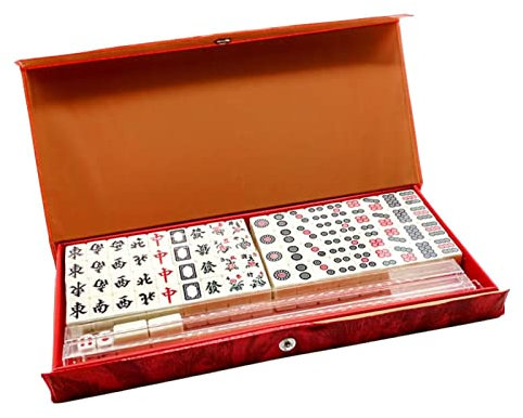 Antik Mahjong - Travel Mahjong bärbar, kinesisk Mahjong med arkaiserande läderfodral, spel för familjespel, för vuxna, roliga små spel