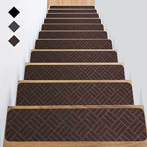 Anti-Rutsch Teppich Stufenmatten Indoor 15 Stück Treppenteppich für Holzstufen Stufenteppich Treppenmatten Spezialisiert für Kinder, Senioren Und Hunde 76x20 cm (Braun Streifen,Set of 15 Treads)
