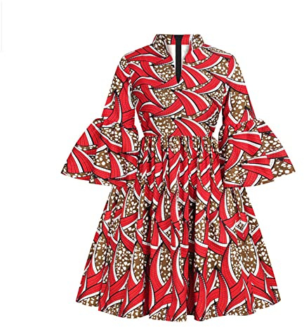 Vsadsau Womens African Ankara Print Maxi Dress Traditional Casual Outfits Lotus Sleeve V Neck African Dresses FQIL001 S