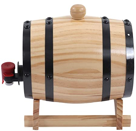 Wakects Barril de madera, barriles de whisky, barrica de roble de roble, barriles de pino para vino con grifo, tapón y soporte de madera, para cerveza, whisky o vino (1L)