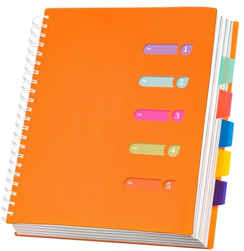 5 Subject Notebook 8.5 x 11 Large Spiral Notebook with Dividers 240 Pages Office Notebooks for Work Multi Subject Notebook with 5 Tabs Professional Organizer Notebooks for Note Taking School, Orange
