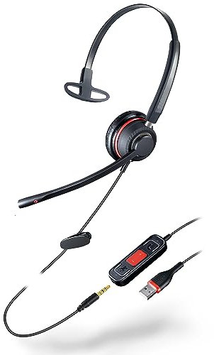 Cleyver Flex Jack USB Mono, Micro Casque Filaire USB et Jack 3,5 mm Mono, Ultra Leger, Micro antibruit, Softphone,PC,Mac,Smartphone,Tablette, Boitier de Controle sur Cable, Touche Mute, Noir