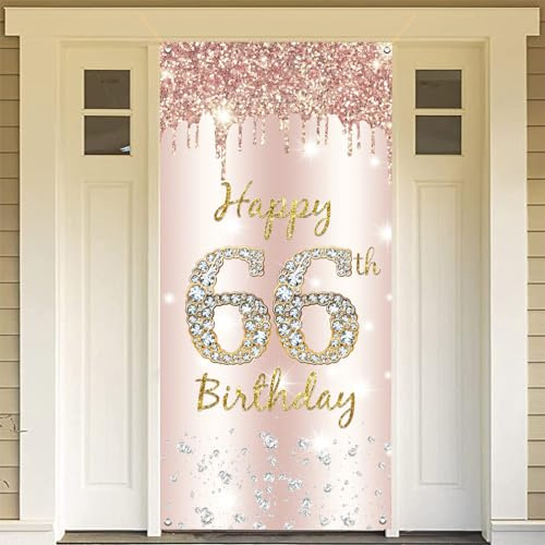 66. Geburtstag Deko Frauen, Happy 66th Birthday Door Banner Roségold, 66. Geburtstag Stoff Schild Plakat Türdekoration, Geburtstagsfeier Willkommensschild
