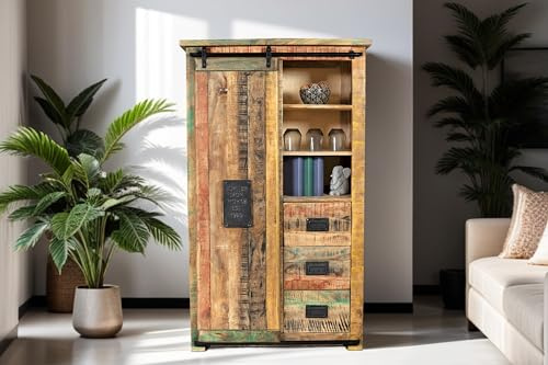 SAM Highboard Libro 90x150x45 cm, Mangoholz bunt, Hochschrank | Shabby Chic, mit Holzschiebetür, je 4 Schubladen & 5 offenen Fächern, Türelemente, Griffe & Reling aus Eisen, massiv