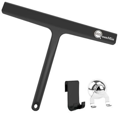 Quanmin 11 Inch Squared Shower Squeegee with Hook & Suction Cup, Stainless Steel Core Silicone Wiper, Streak-Free Cleaner for Glass Doors, Windows, Mirrors, Tile Walls & Car Cleaning (Black)