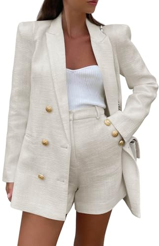 Cicy Bell Womens 2 Piece Tweed Blazer Shorts Sets Long Sleeve Double Breasted Suit Jackets Business Outfit Beige