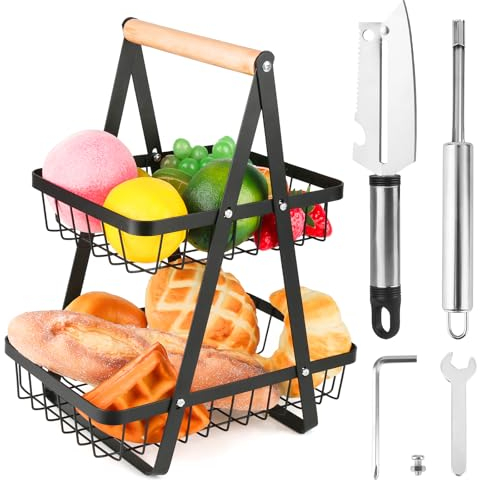 Obst Etagere, Obstkorb 2 Stöckig, Obst Aufbewahrung, Metall Obstkorb Etagere, Obst Und GemüSe Aufbewahrung, Abnehmbar Halter Küche Ablagekorb, Obstkorb Schwarz Mit Werkzeugsatz, Schäler, Entkerner