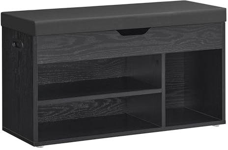 VASAGLE Schuhbank mit Sitzfläche, Sitzbank mit Stauraum, gepolstert, Fach unter Sitzkissen, Schuhregal Wohnzimmer, Flur, bis 136 kg belastbar, 30 x 80 x 44 cm, ebenholzschwarz-tintenschwarz LHS030B03