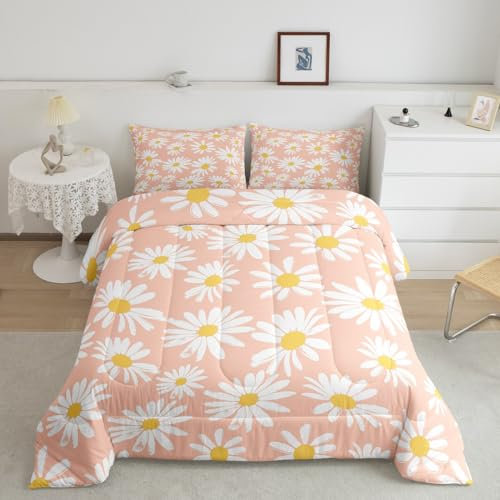 Cute Daisy Flower Children Comforter Set,Pink Floral Bedding Set for Women Girls,Adults Soft Botanical Plants Comforter,Kids Watercolor Daisy Quilted Duvet Set Bedroom Collection King Size 3Pcs