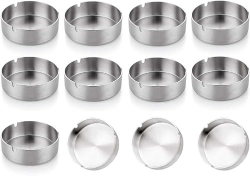 Posacenere in acciaio inox, posacenere, posacenere da esterno, utilizzato in bar, ristoranti, camere da letto, all'aperto, rotondo (confezione da 12)