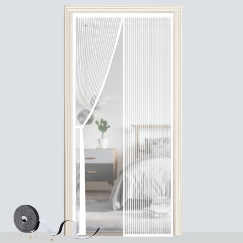 Magnetic Door Screen, SMALUCK Heavy Duty Fly Door Screen Mesh with Powerful Magnets, Durable Mesh Curtains Keeps Bugs Out, Frame Hook & Loop, Kid and Pet Friendly (80 x 200 cm, White)