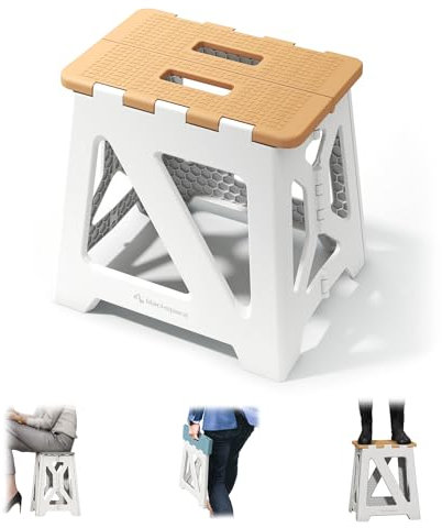 BLACKSPACE Hocker Klappbar, Stabil & Anti-Rutsch Faltbar Tritthocker, Tragbarer Leichtgewichtig, Ideal für Bad, Toilette, Küche - 33cm Hoch (Khaki/Weiß)
