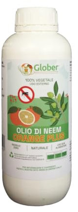 Glober Antizanzare Giardino Uso Esterno 100% bio naturale Made in Italy - Concentrato Liquido - Repellente Zanzare a base di Olio di Neem Orange Plus - Anti Zanzare Prato e Orto (1 Litro)