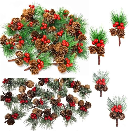 Ayuanb 20 STK Tannenzweige Künstlich, Kleine Tannenzapfen und Mini Rot Holly Beeren, eihnachten Tannenzweige Tischdeko,Tannenzweige mit Zapfen Weihnachtszweige Künstlich Deko