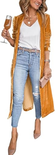 Suncadmious Blazer Velluto da Donna Lungo Spolverino Kimono Cappotto Aperto Davanti Vintage Maglione (Giallo,L)