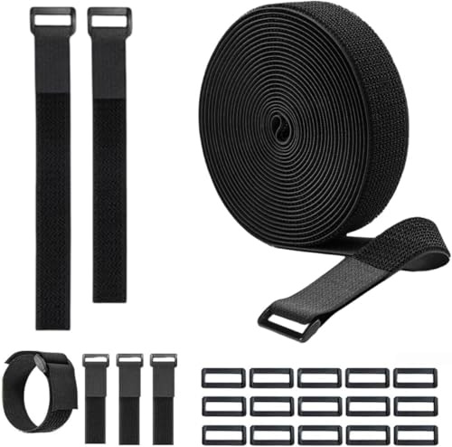 16Ft 1.5inch Wide Cable Straps with 15 Buckles, Adjustable Length, Reusable Hook and Loop Straps, Fastening Cable Ties, Wire Management, Cord Organiser, Black