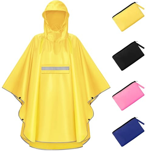 NEWIROVE Regencape Kinder, Unisex Regen Poncho Wasserdicht Regenponcho Regenkleidung Kinder Mit Reflektierender Poncho Regen Leichter Regenjacke 120-140cm,Gelb