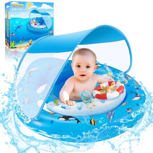 GLOPUS Baby Swimming Float, Baby Pool Float with Canopy, Inflatable Baby Swim Float, Toddler Pool Swimming Float for 6-36 Months, Adjustable Safety Seat, UPF 50+ Sun Protection Roof & Toy