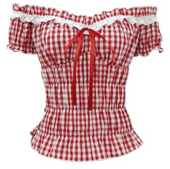 WDIRARA Women's Gingham Plaid Off Shoulder Peplum Top Ruffle Trim Crop Tops Red Medium