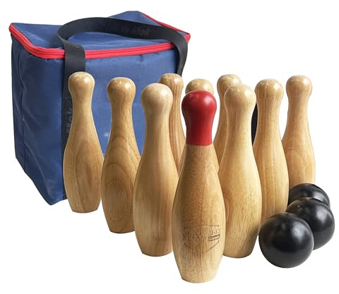 Gioco da bowling in legno, bottiglie da lancio all'aperto, gioco da prato per la famiglia, set da gioco con borsa per il trasporto (H 26 cm, 10 perni+3 palline)