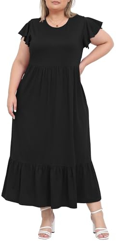 Moon Wood Summer Dresses for Women Crew Neck Ruffle Sleeve Curvy Long Dress with Pockets Black XL