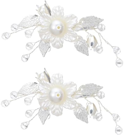 Pinzas para el pelo de flores para mujer, 2 pinzas de flores blancas, diseño de hojas plateadas, accesorio para el cabello de niña, accesorios para el cabello de perlas para novias y mujeres de boda